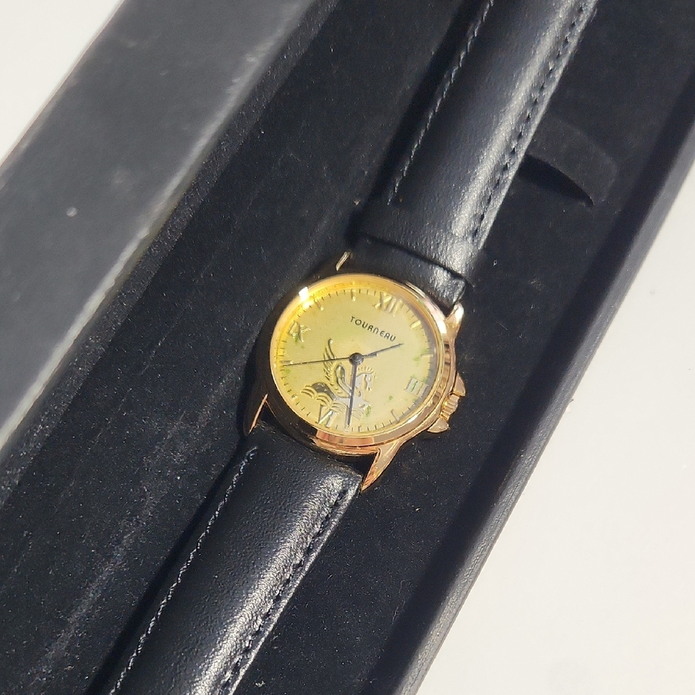 Gold-Tone Tourneau Pegasus Limited Edition Watch with a Black Leather Band & Box
